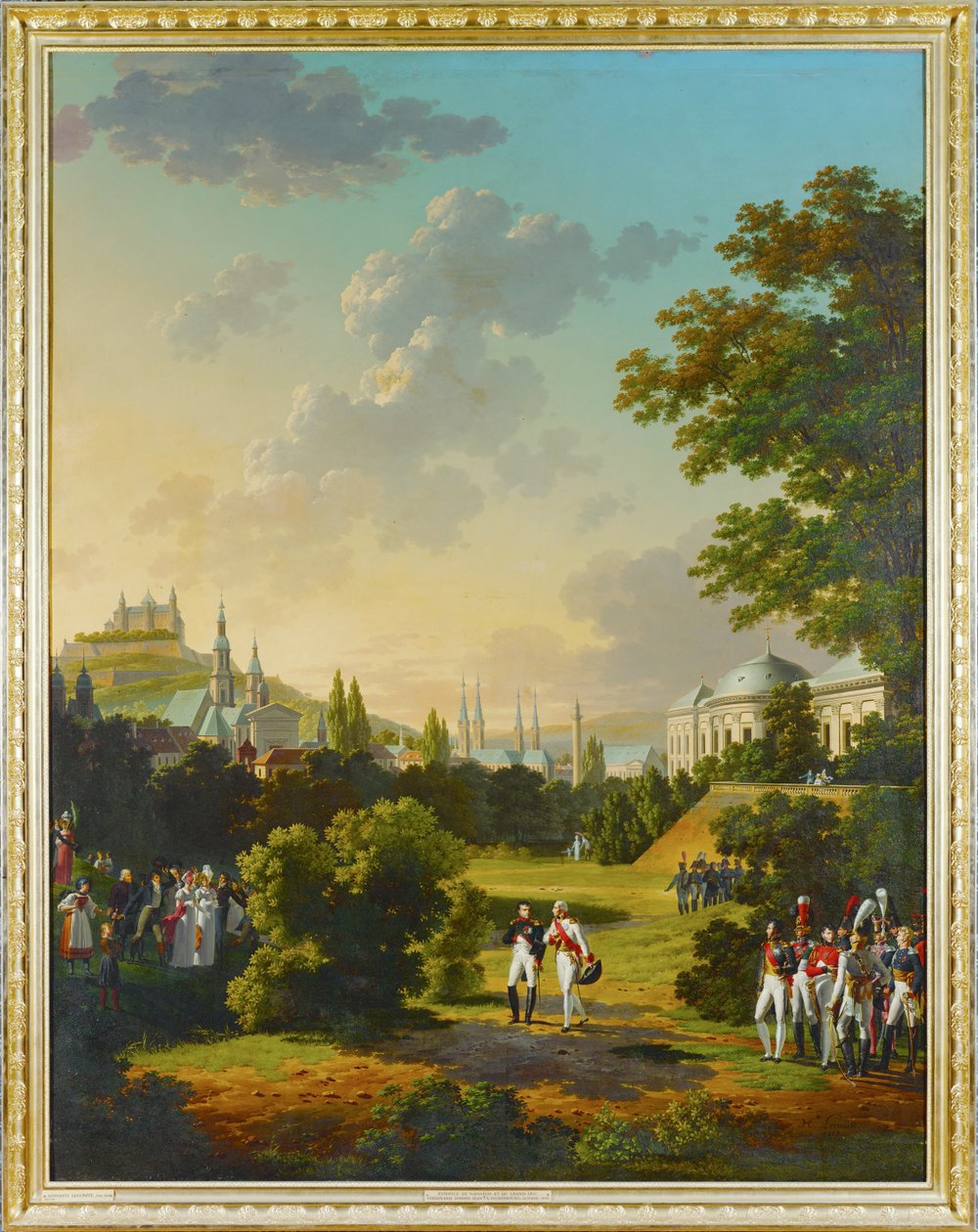 Möte mellan Napoleon I och storhertig Ferdinand Joseph i Wuerzburg, Tyskland ... av Hippolyte Lecomte