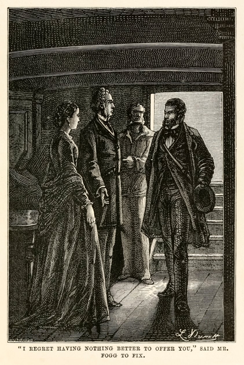 ""Jag beklagar att jag inte har något bättre att erbjuda dig", sa mr Fogg till Fix", ur "Jorden runt på åttio dagar" av Jules Verne (1828-1905), graverad av Henri-Théophile Hildebrand (1824-97). av Hippolyte Leon (after) Benett
