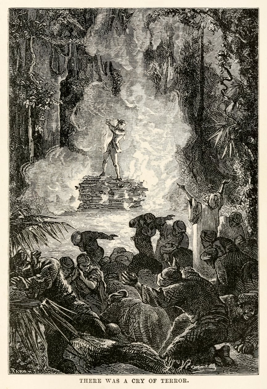 Det hördes ett skräckskrik, från "Jorden runt på åttio dagar" av Jules Verne (1828-1905), graverad av Adolphe François Pannemaker (1822-1900) av Hippolyte Leon (after) Benett