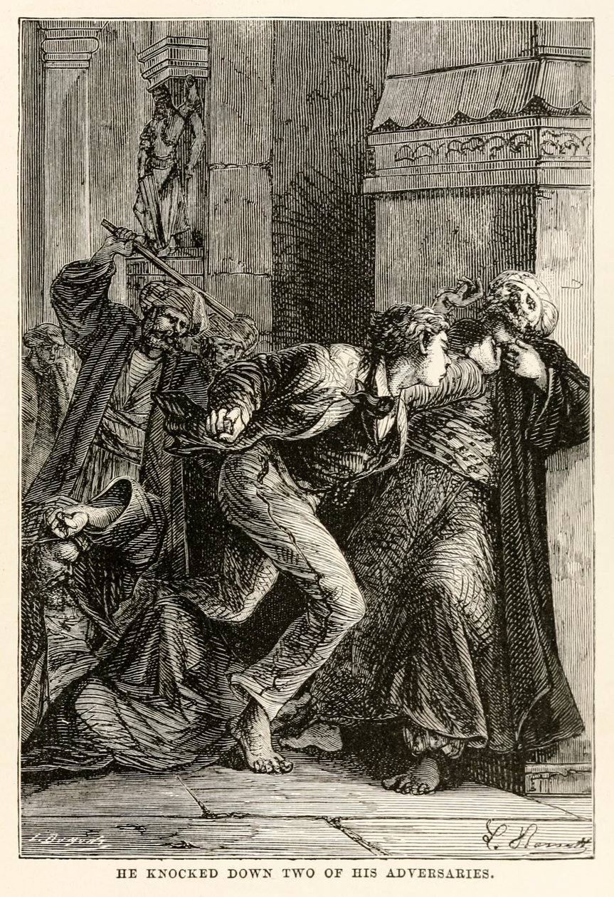 Han slog ner två av sina motståndare, från Around the World in Eighty Days av Jules Verne (1828-1905), graverad av Louis Dumont (f.1822), 1873 av Hippolyte Leon Benett