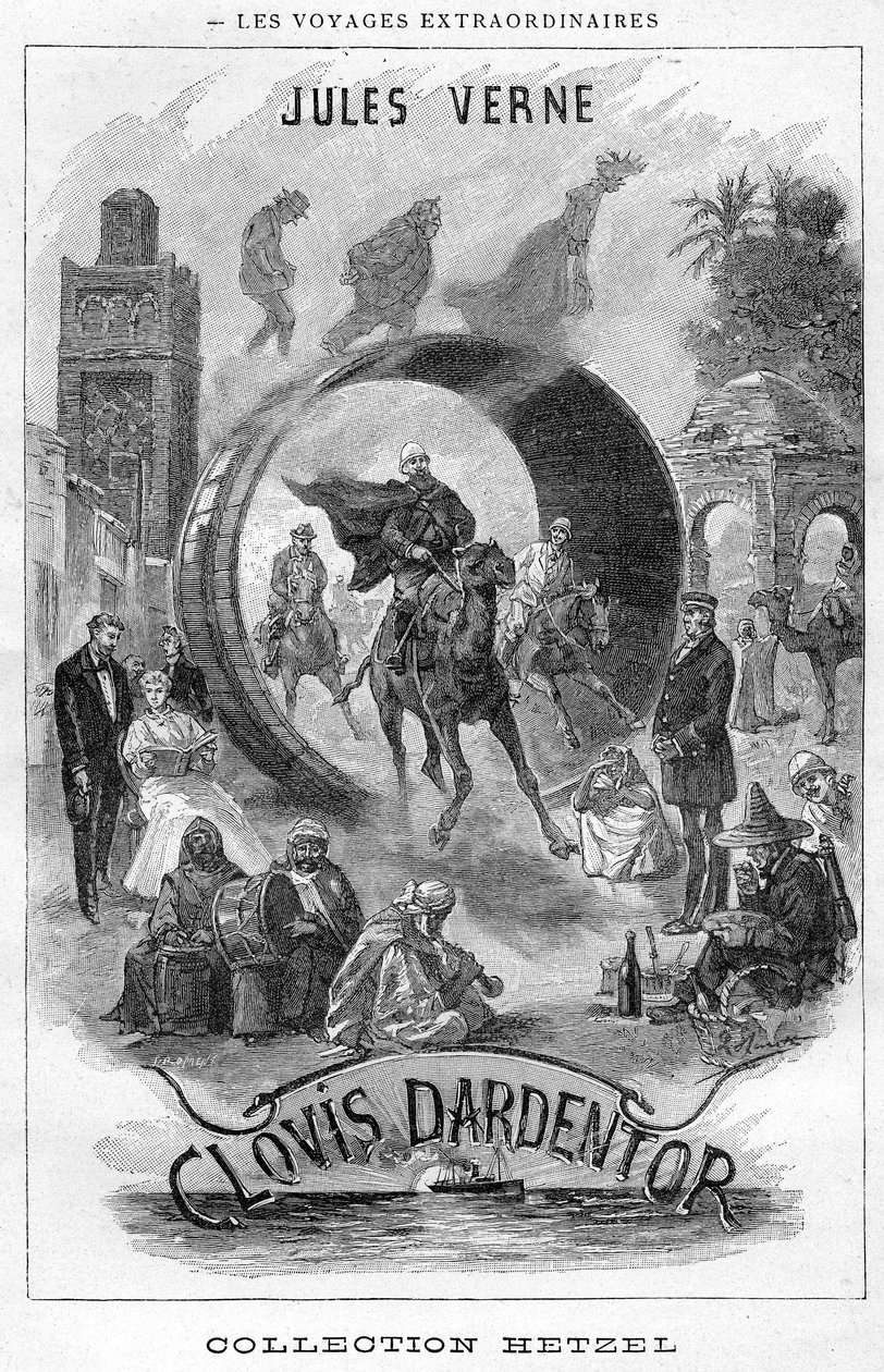 Illustration av boken "Clovis Dardentor" av Jules Verne, gravyr på framsidan av Hetzel-utgåvan av Hippolyte Leon Benett