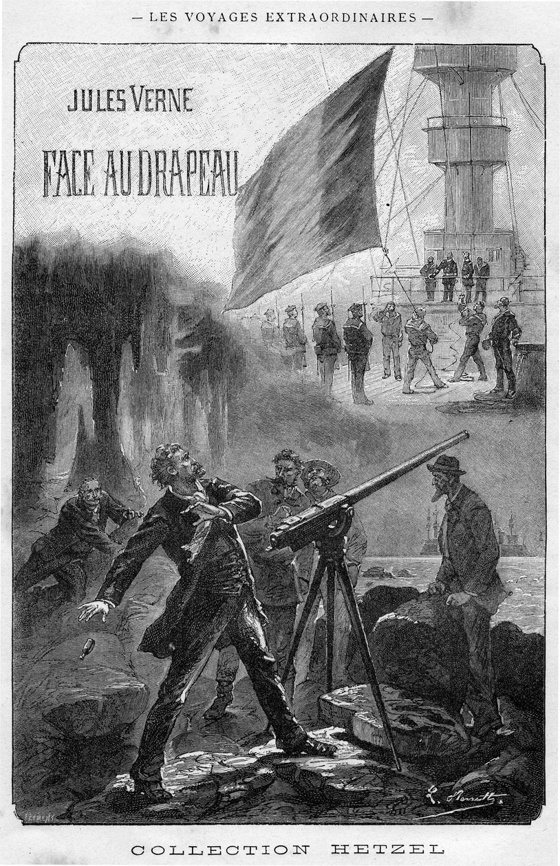 Illustration av boken "Face au Drapeau" av Jules Verne, frontispice Hetzel edition - Les voyages extraordinary 1896 (gravyr) av Hippolyte Leon Benett