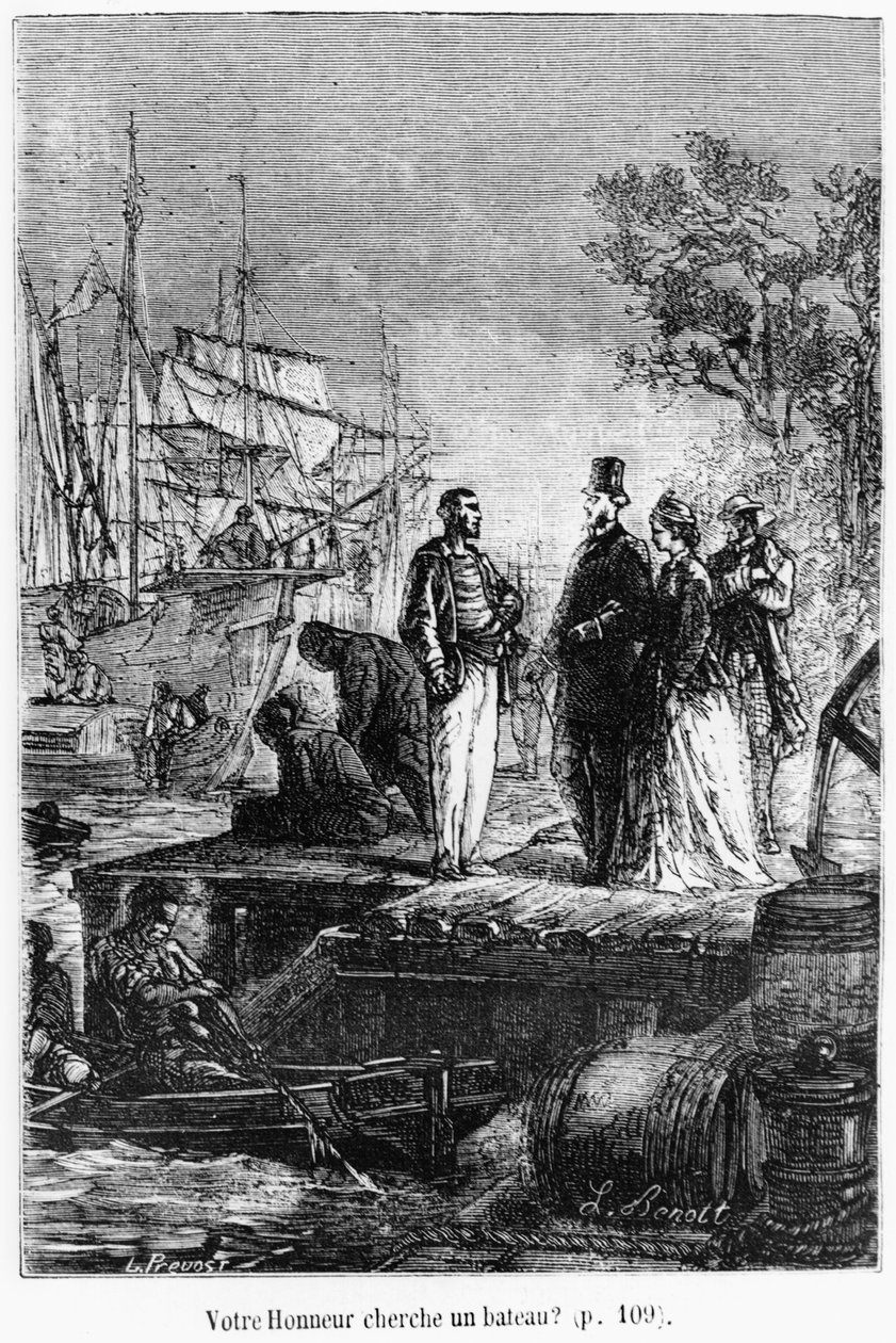 Letar ers heder efter en båt, illustration från "Jorden runt på åttio dagar" av Jules Verne (1828-1905) sent 1800-tal av Hippolyte Leon Benett
