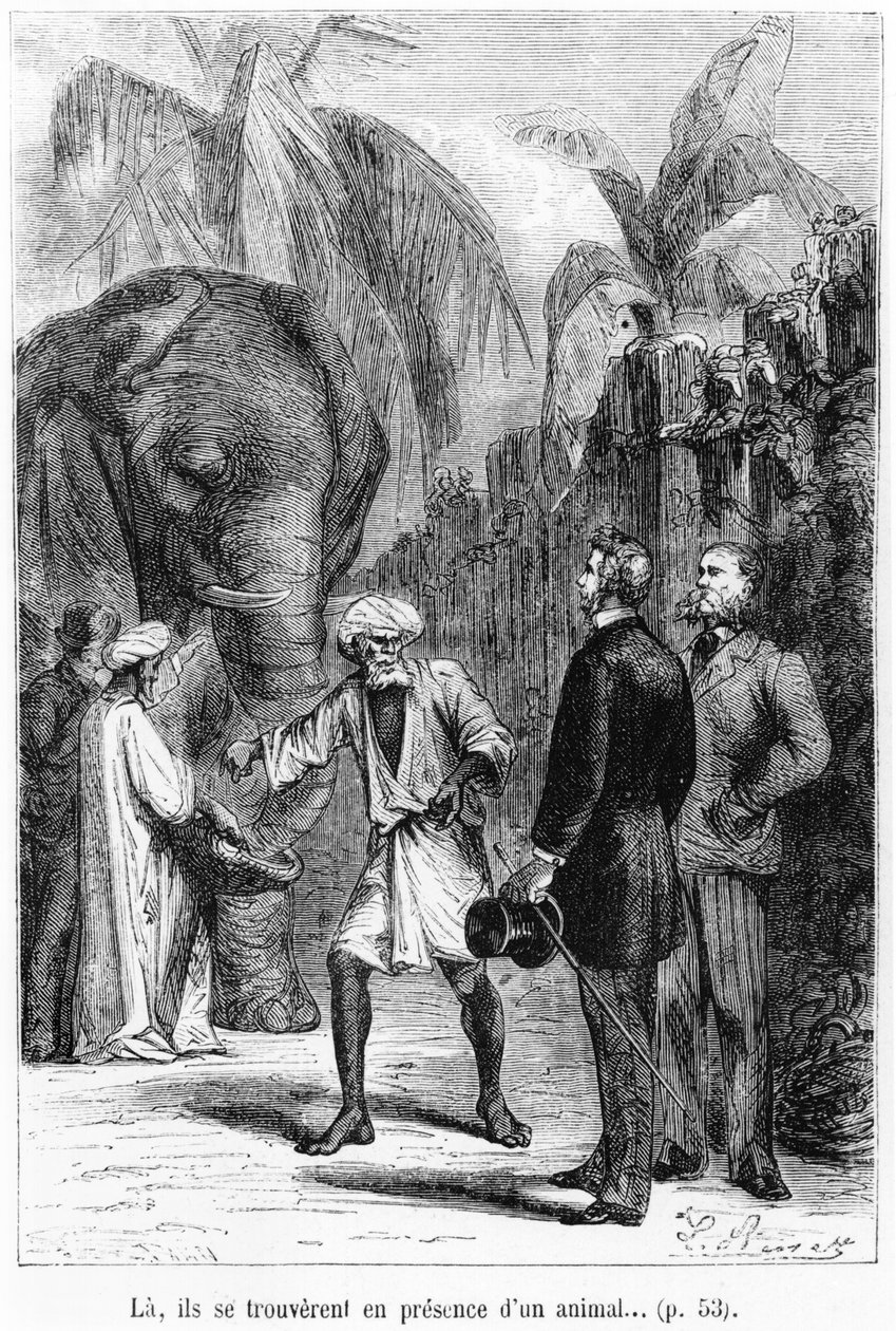 Phileas Fogg framför en elefant, illustration från "Jorden runt på åttio dagar" av Jules Verne (1828-1905) sent 1800-tal av Hippolyte Leon Benett