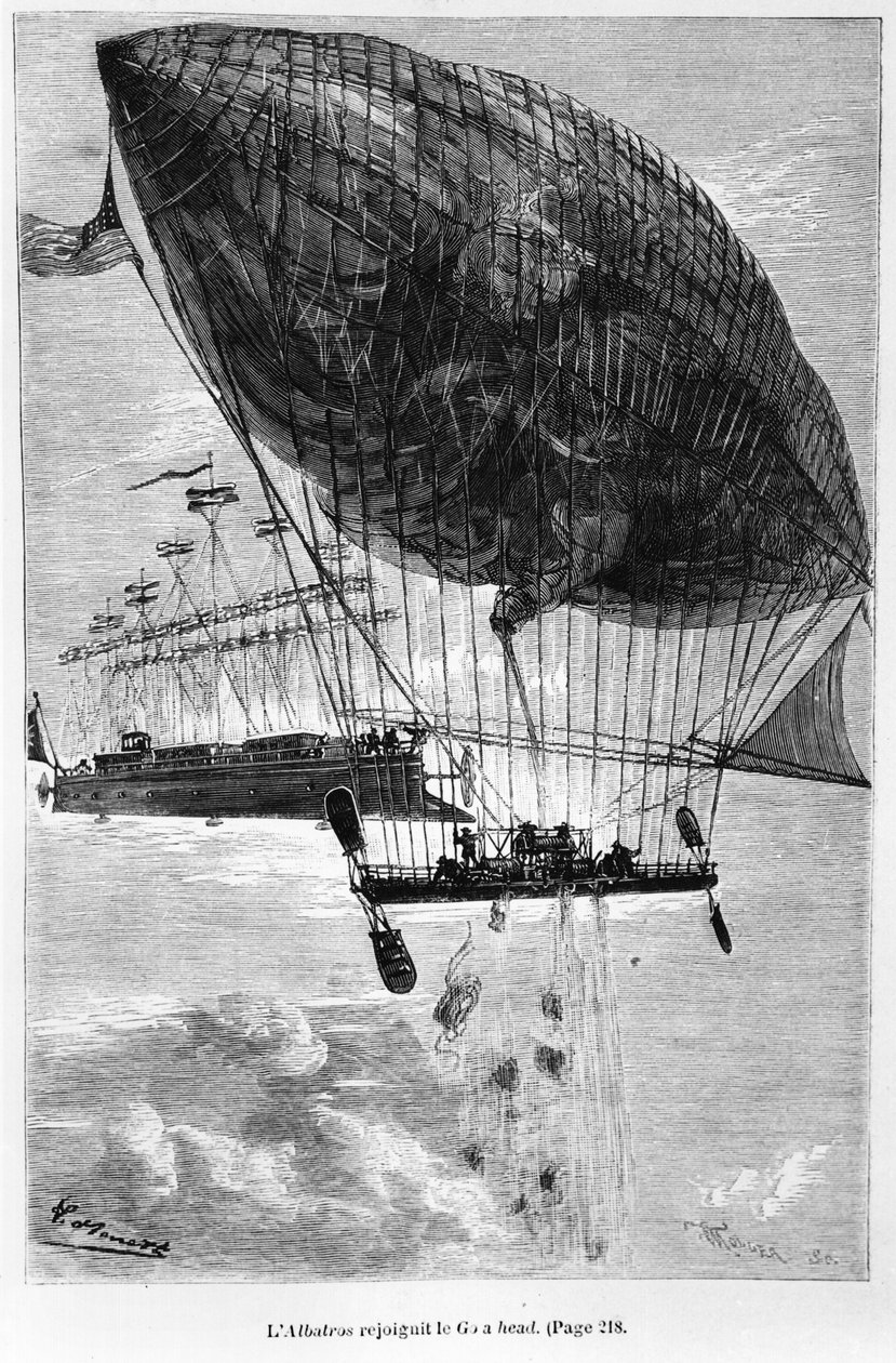 Albatrossen och den som går iväg, illustration ur "Robur le Conquerant" av Jules Verne (1828-1905) Paris, Hetzel, 1886 av Hippolyte Leon Benett