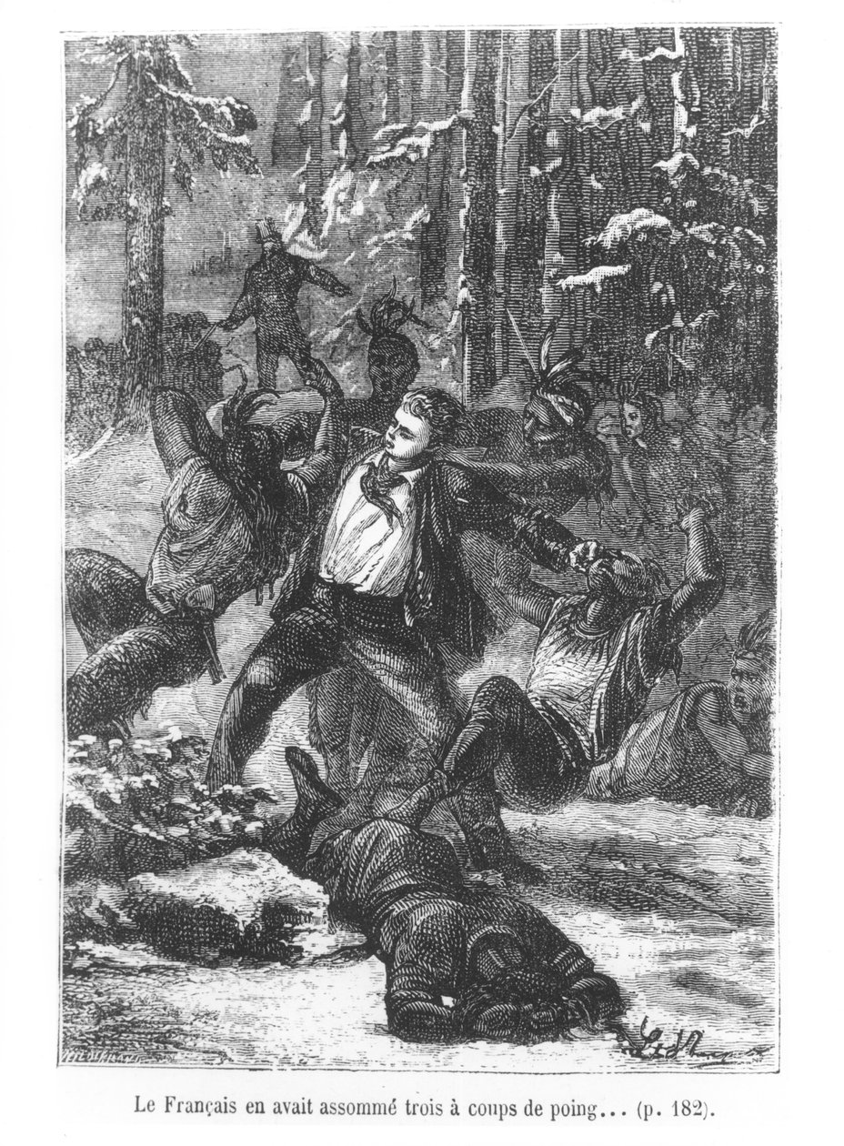 Fransmannen kunde platta till tre av dem med ett slag, illustration från Jorden runt på åttio dagar av Jules Verne (1828-1905) graverad av Henri Theophile Hildibrand (1824-97) 1873 (gravyr av Hippolyte Leon Benett