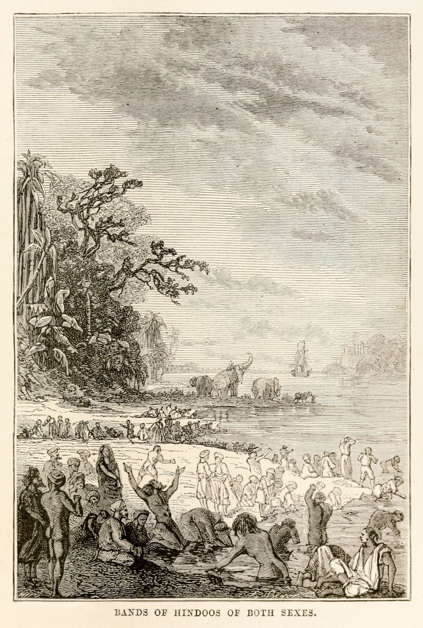 Band av hinduer av båda könen, från Around the World in Eighty Days av Jules Verne (1828-1905), 1873 av Hippolyte Leon after Benett