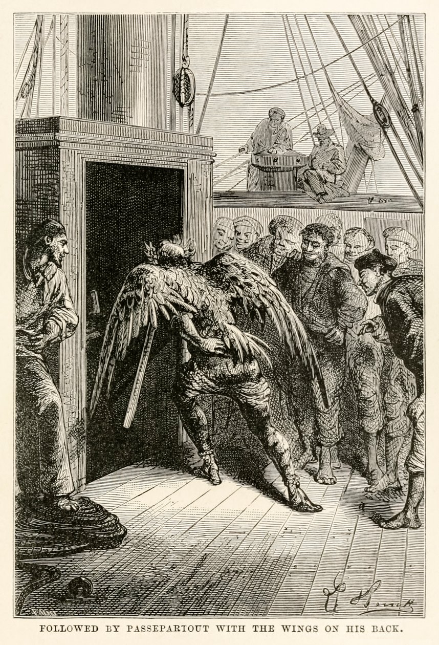 Följt av Passepartout med vingarna på ryggen, från Jorden runt på åttio dagar av Jules Verne (1828-1905), graverad av Adolphe François Pannemaker (1822-1900), 1873 av Hippolyte Leon after Benett