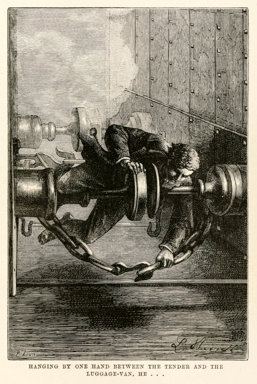 Han hänger med ena handen mellan anbudet och bagagebilen... från Around the World in Eighty Days av Jules Verne (1828-1905) graverad av Louis, 1873 av Hippolyte Leon after Benett