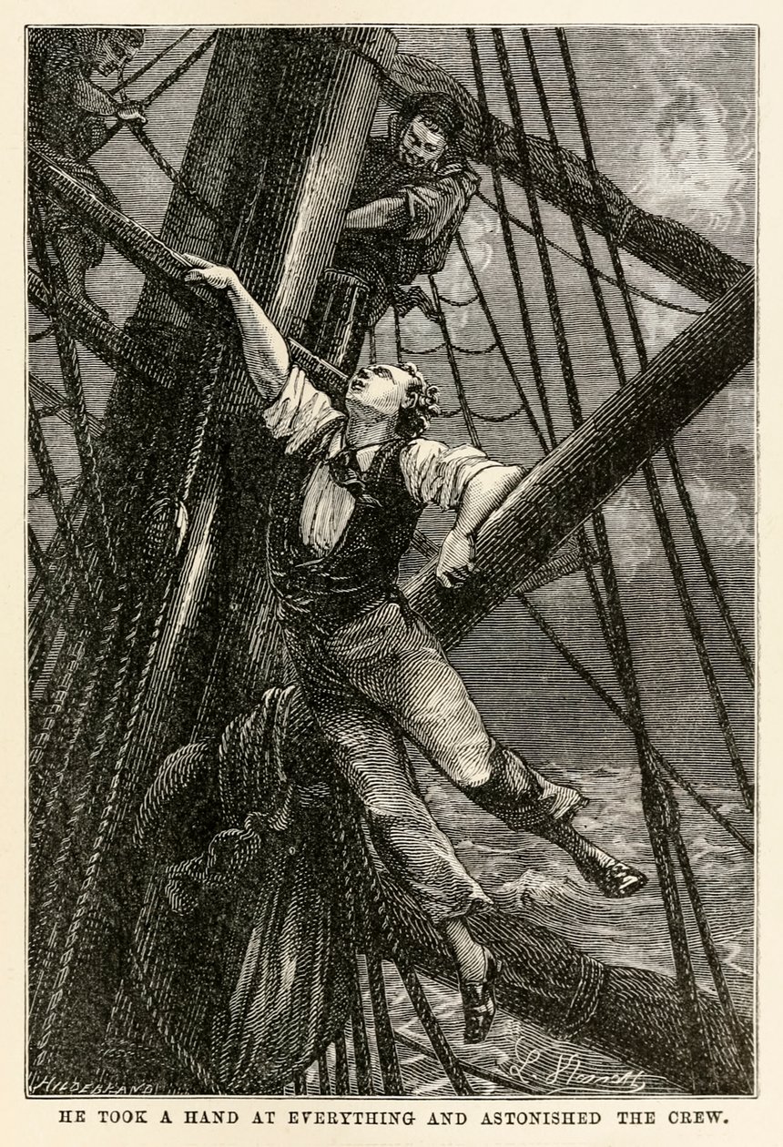Han tog hand om allt och förvånade besättningen, från Jorden runt på åttio dagar av Jules Verne (1828-1905) graverad av Henri-Théophile Hildebrand (1824-97), 1873 av Hippolyte Leon after Benett