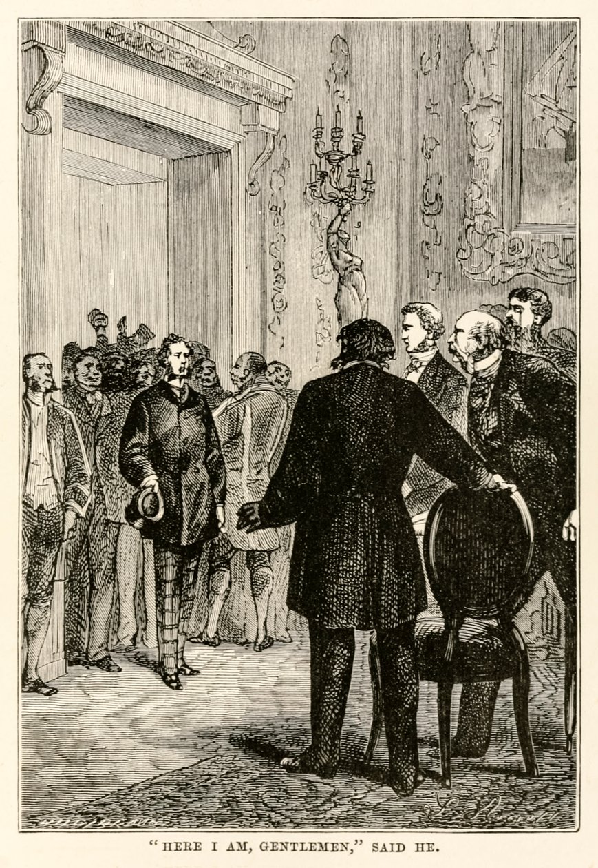 Här är jag herrar, sa han, från Jorden runt på åttio dagar av Jules Verne (1828-1905) graverad av Henri-Théophile Hildebrand (1824-97), 1873 av Hippolyte Leon after Benett