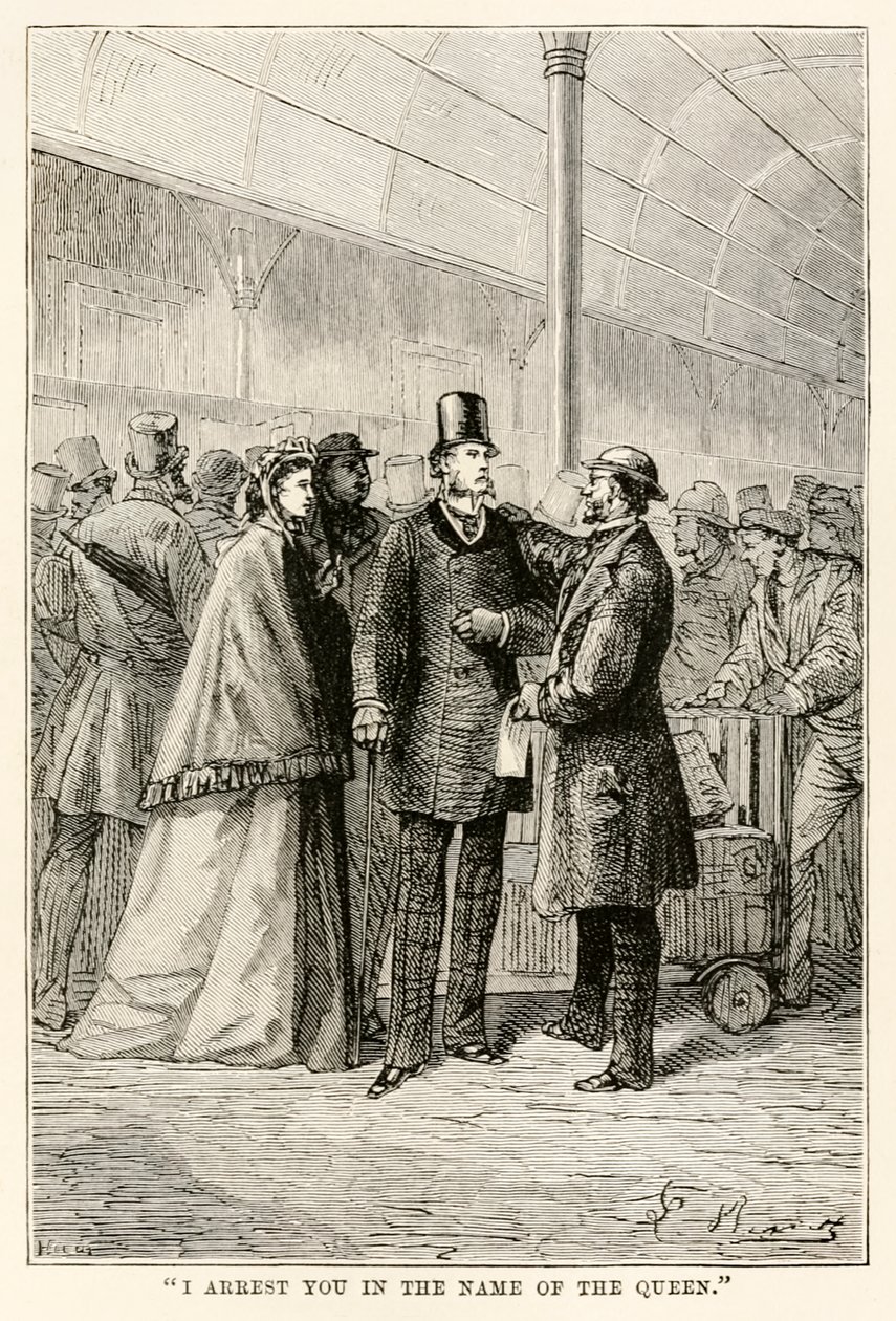 Jag arresterar dig i drottningens namn, från Around the World in Eighty Days av Jules Verne (1828-1905), 1873 av Hippolyte Leon after Benett