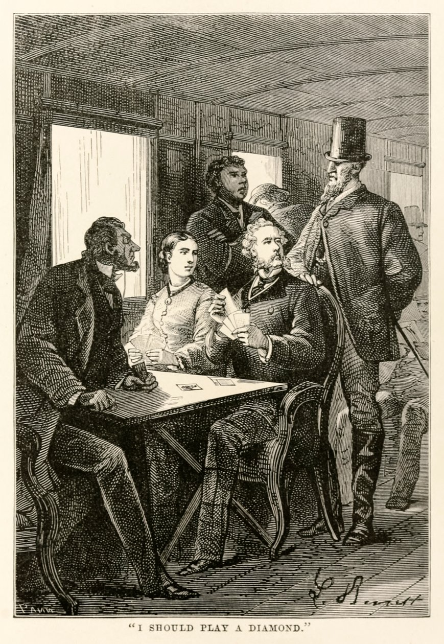 Jag borde spela en diamant, från Around the World in Eighty Days av Jules Verne (1828-1905) graverad av Adolphe François Pannemaker (1822-1900), 1873 av Hippolyte Leon after Benett