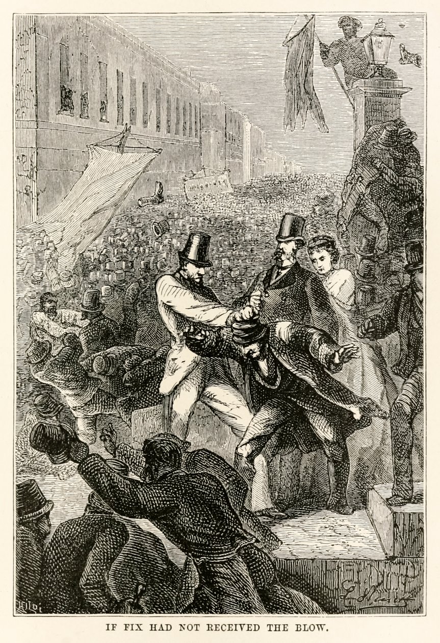Om Fix inte hade fått slaget, från Jorden runt på åttio dagar av Jules Verne (1828-1905) graverad av Henri-Théophile Hildebrand (1824-97), 1873 av Hippolyte Leon after Benett