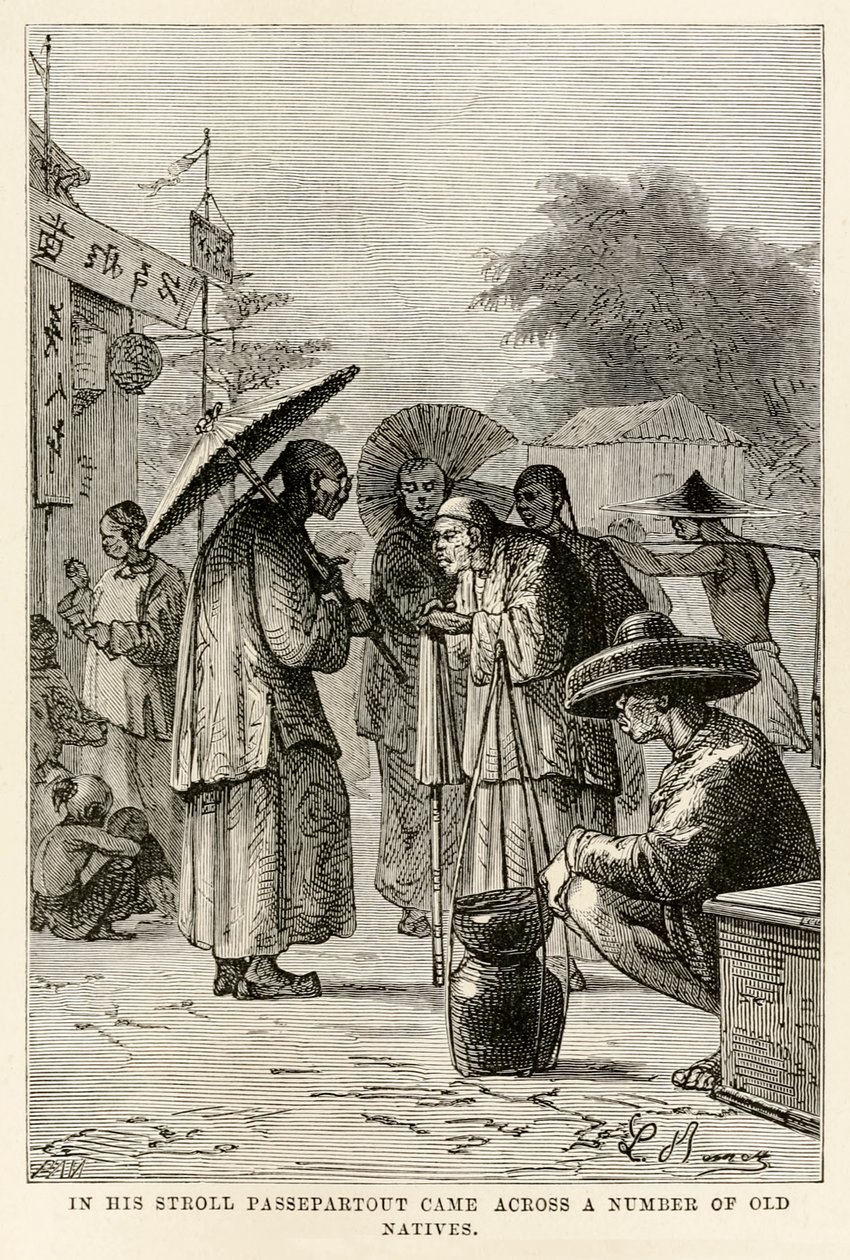 Under sin promenad stötte Passepartout på ett antal gamla infödda, från Jorden runt på åttio dagar av Jules Verne (1828-1905), graverad av Adolphe François Pannemaker (1822-1900), 1873 av Hippolyte Leon after Benett