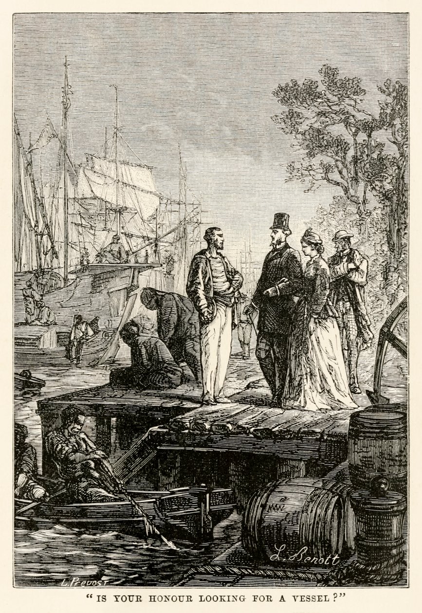 Letar din ära efter ett fartyg?, från Around the World in Eighty Days av Jules Verne (1828-1905), graverad av Louis Prevost, 1873 av Hippolyte Leon after Benett
