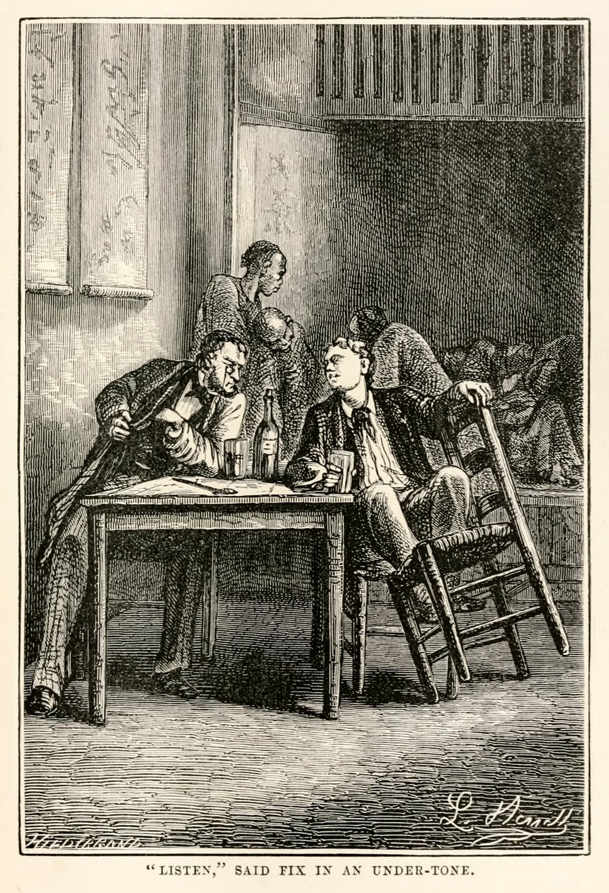Lyssna, sa Fixa i en underton, från Jorden runt på åttio dagar av Jules Verne (1828-1905) graverad av Henri-Théophile Hildebrand (1824-97), 1873 av Hippolyte Leon after Benett