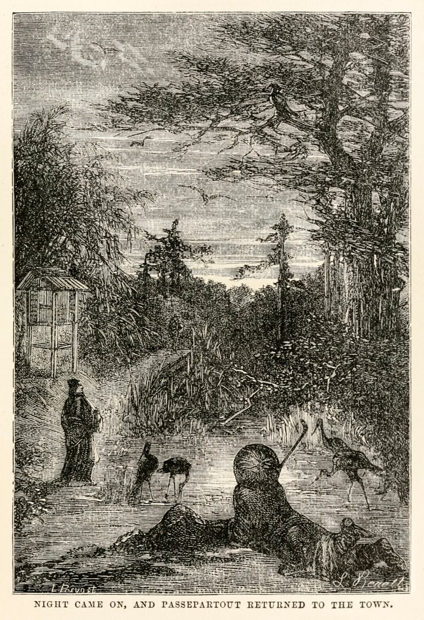Natten kom och Passepartout återvände till staden, från Around the World in Eighty Days av Jules Verne (1828-1905), graverad av Louis Prevost, 1873 av Hippolyte Leon after Benett