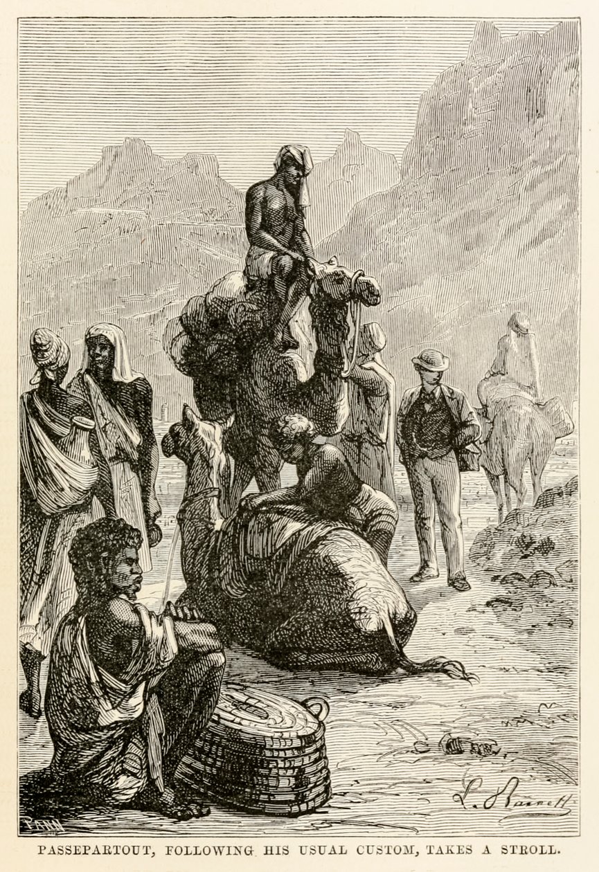 Passepartout tar, enligt sin vanliga sed, en promenad, från Jorden runt på åttio dagar av Jules Verne (1828-1905), graverad av Adolphe François Pannemaker (1822-1900), 1873 av Hippolyte Leon after Benett