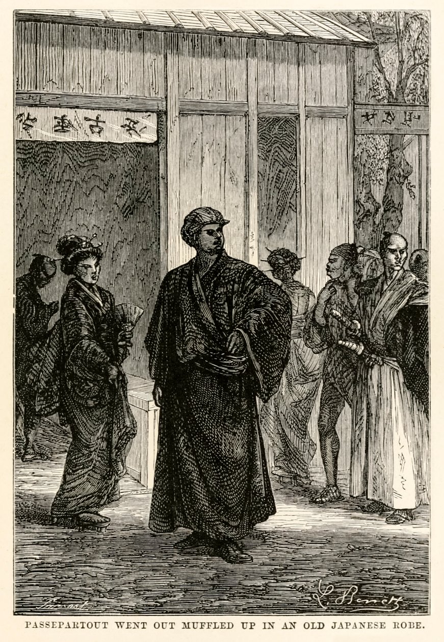 Passepartout gick ut dämpad i en gammal japansk dräkt, från Around the World in Eighty Days av Jules Verne (1828-1905), graverad av Louis Prevost, 1873 av Hippolyte Leon after Benett