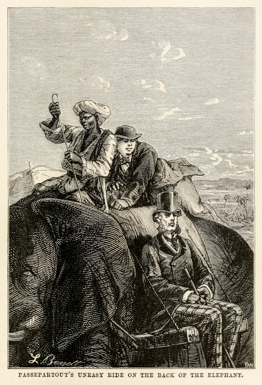 Passepartouts rider obehagligt på elefantens rygg, från Jorden runt på åttio dagar av Jules Verne (1828-1905) graverad av Adolphe François Pannemaker (1822-1900) 1873 av Hippolyte Leon after Benett