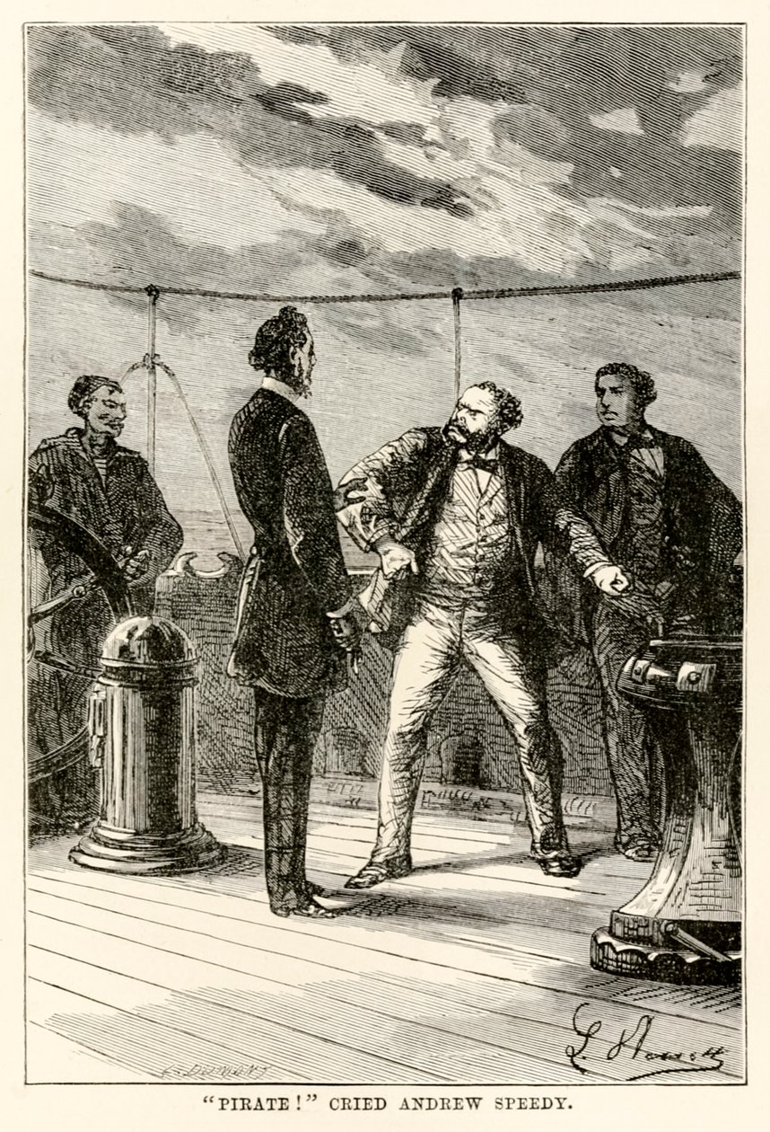Pirat! ropade Andrew Speedy., från Around the World in Eighty Days av Jules Verne (1828-1905) graverad av Louis Dumont (f.1822) 1873 av Hippolyte Leon after Benett