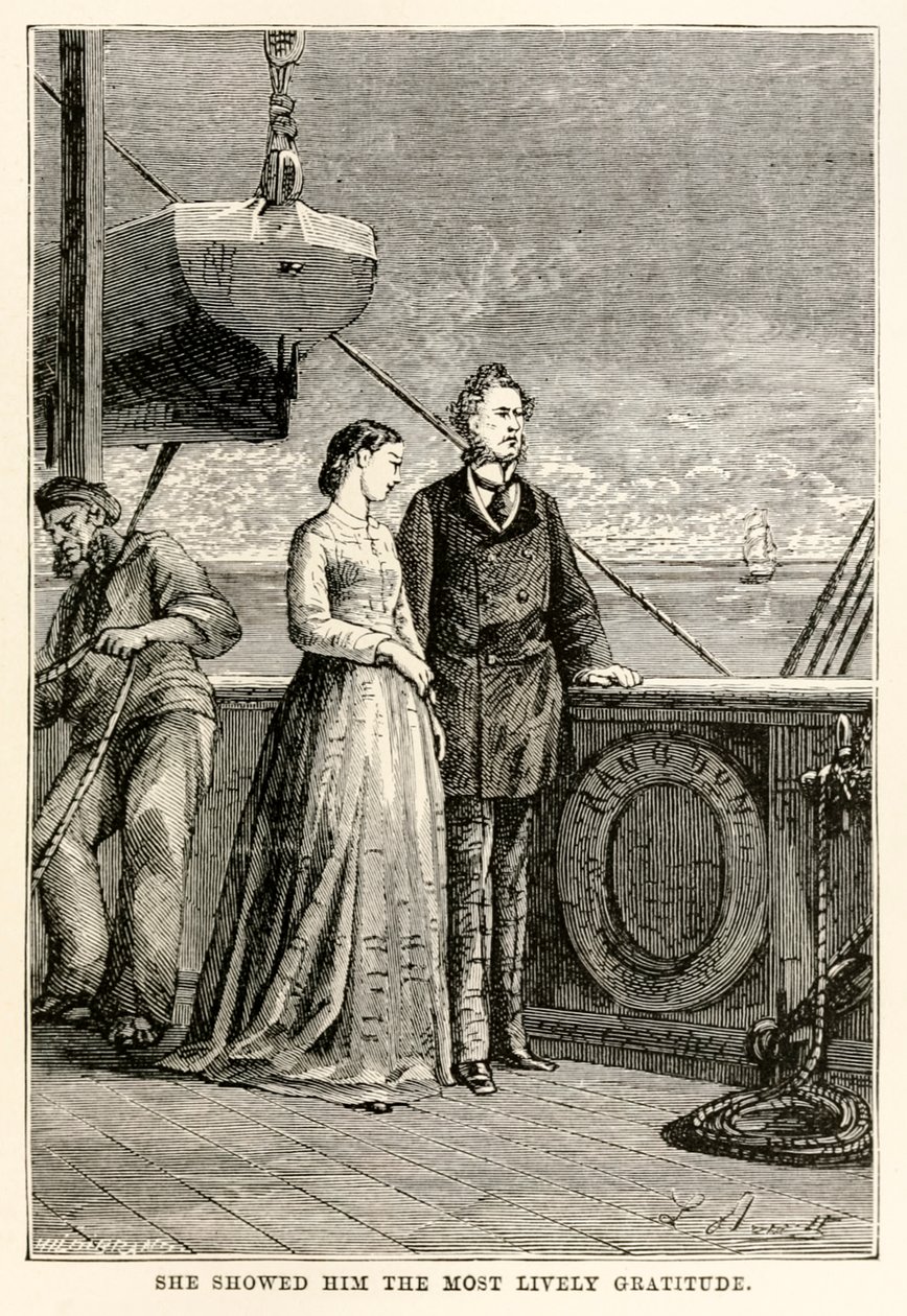 Hon visade honom den mest livliga tacksamhet, från Jorden runt på åttio dagar av Jules Verne (1828-1905) graverad av Henri-Théophile Hildebrand (1824-97), 1873 av Hippolyte Leon after Benett