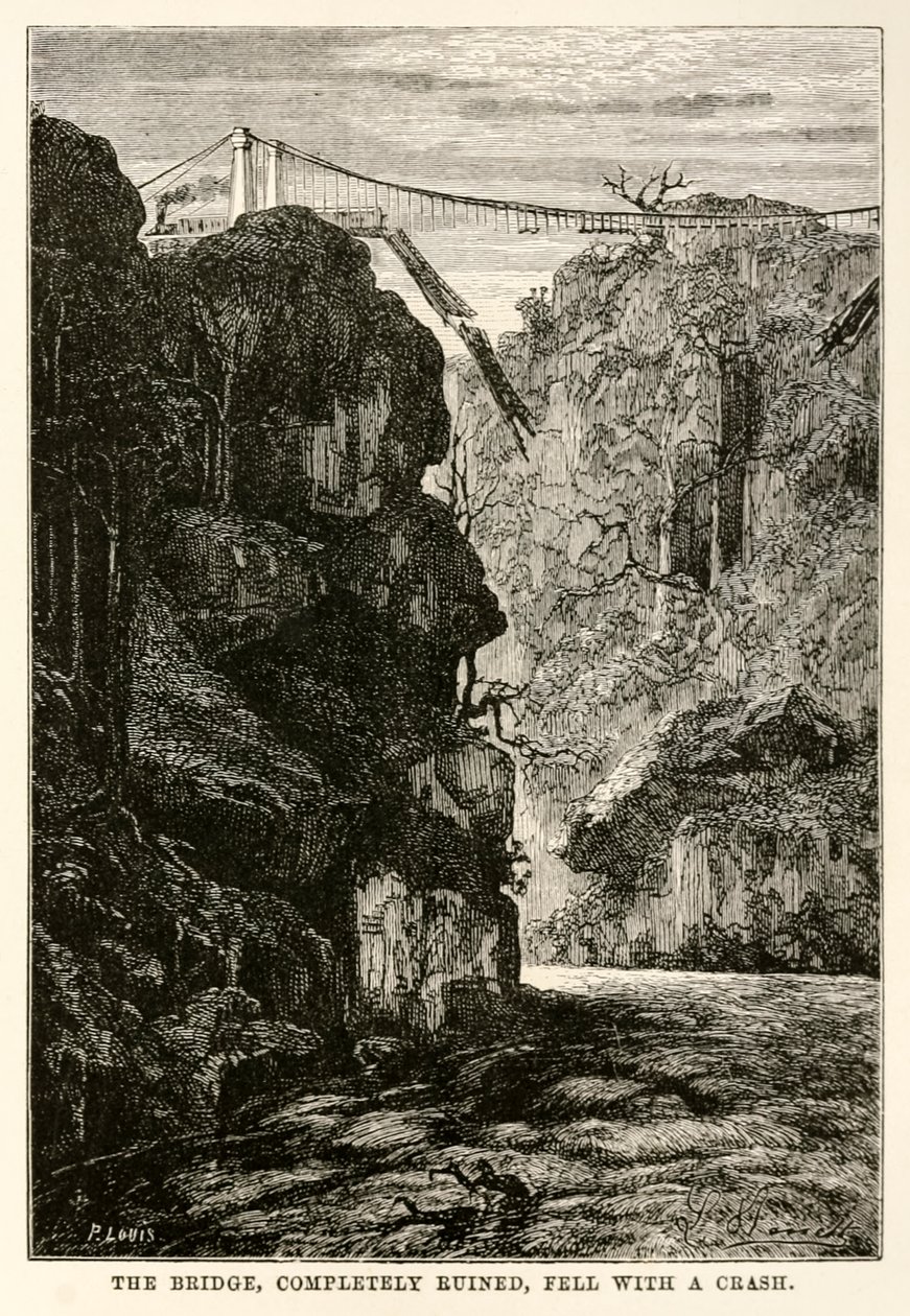 Bron, helt förstörd, föll med en krasch, från Around the World in Eighty Days av Jules Verne (1828-1905) graverad av Louis, 1873 av Hippolyte Leon after Benett