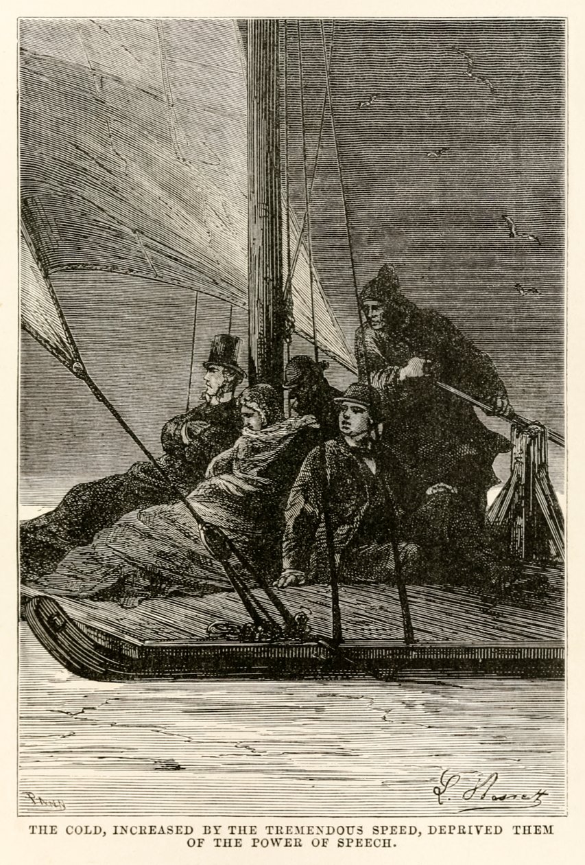 Kylan, ökad av den enorma hastigheten, berövade dem talets kraft, från Jorden runt på åttio dagar av Jules Verne (1828-1905) graverad av Adolphe François Pannemaker (1822-1900), av Hippolyte Leon after Benett