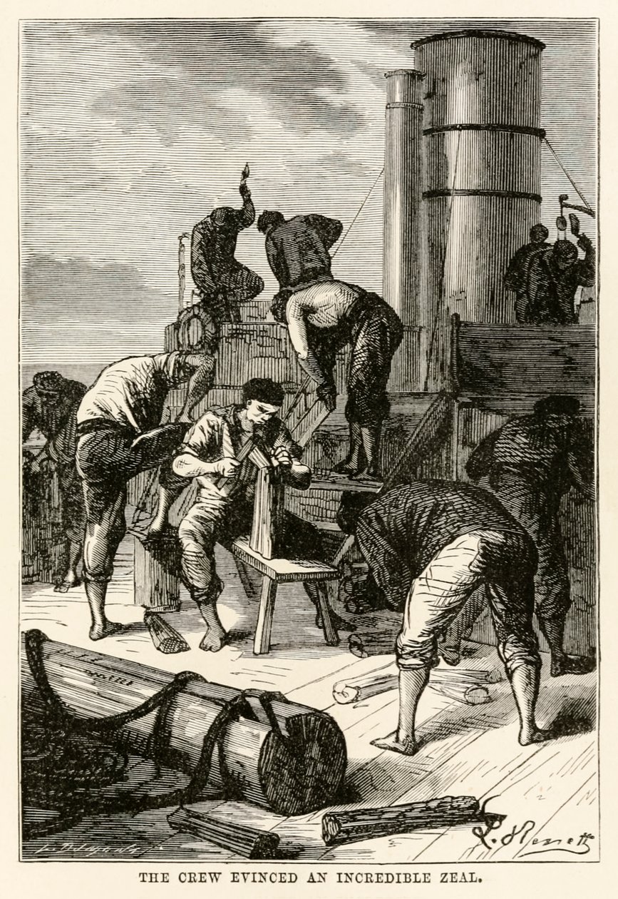Besättningen visade en otrolig iver, från Around the World in Eighty Days av Jules Verne (1828-1905) graverad av Louis Dumont (f.1822), 1873 av Hippolyte Leon after Benett