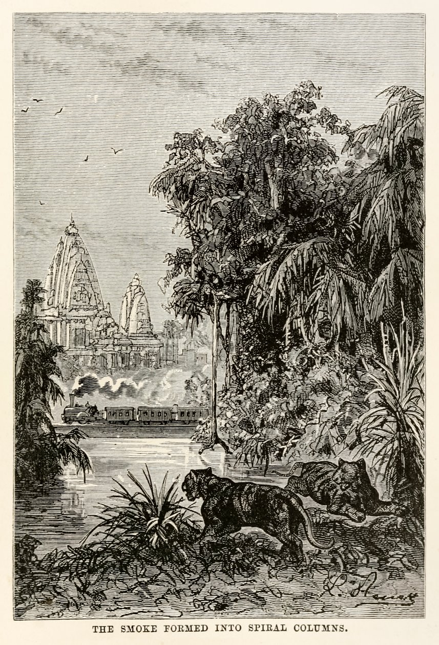 Röken formade sig till spiralpelare, från Around the World in Eighty Days av Jules Verne (1828-1905), 1873 av Hippolyte Leon after Benett