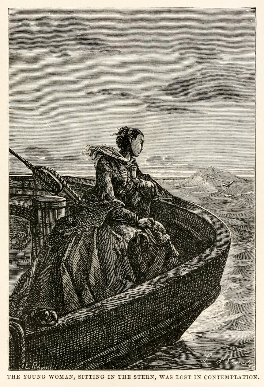 Den unga kvinnan, som satt i aktern, förlorades i kontemplation, från Jorden runt på åttio dagar av Jules Verne (1828-1905), graverad av Jean Louis Prevost, (1790-1850), 1873 av Hippolyte Leon after Benett