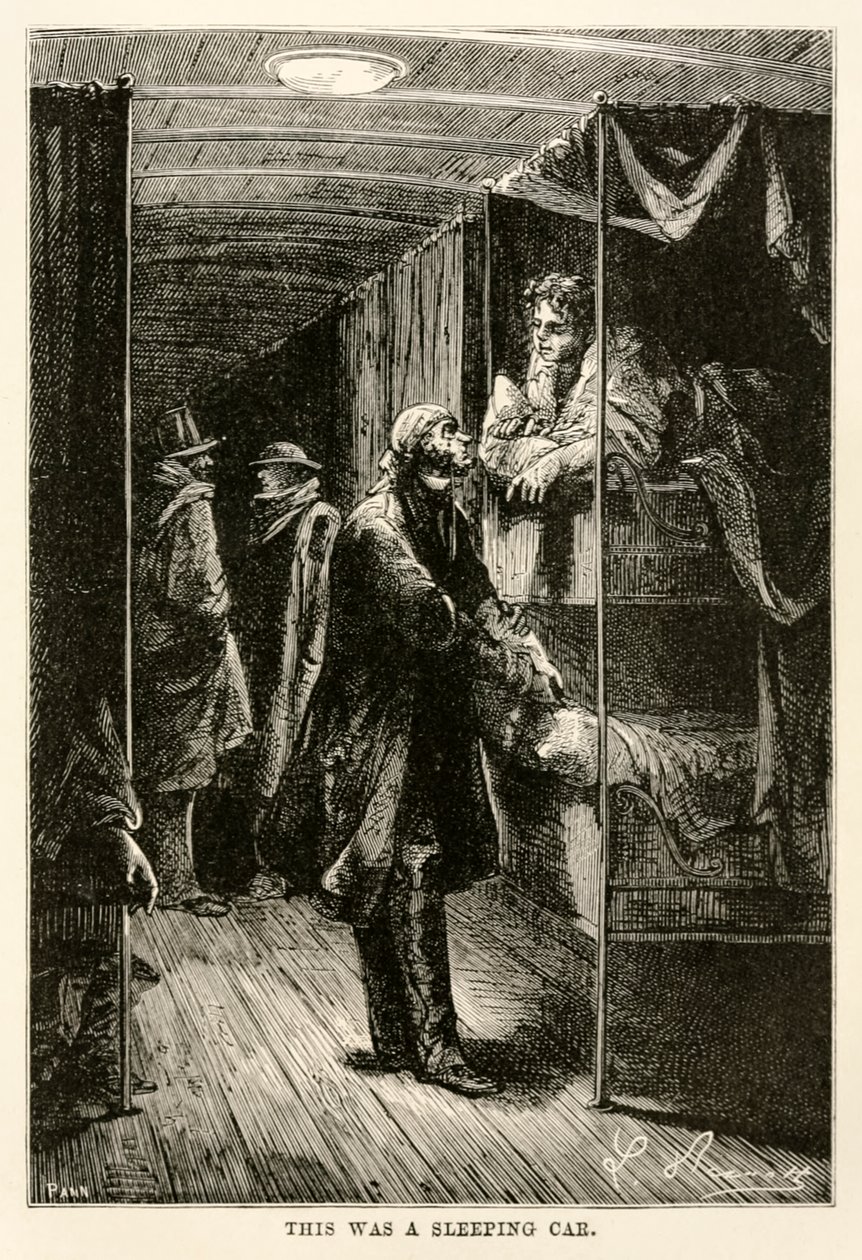 Detta var en sovvagn, från Jorden runt på åttio dagar av Jules Verne (1828-1905) graverad av Adolphe François Pannemaker (1822-1900), 1873 av Hippolyte Leon after Benett