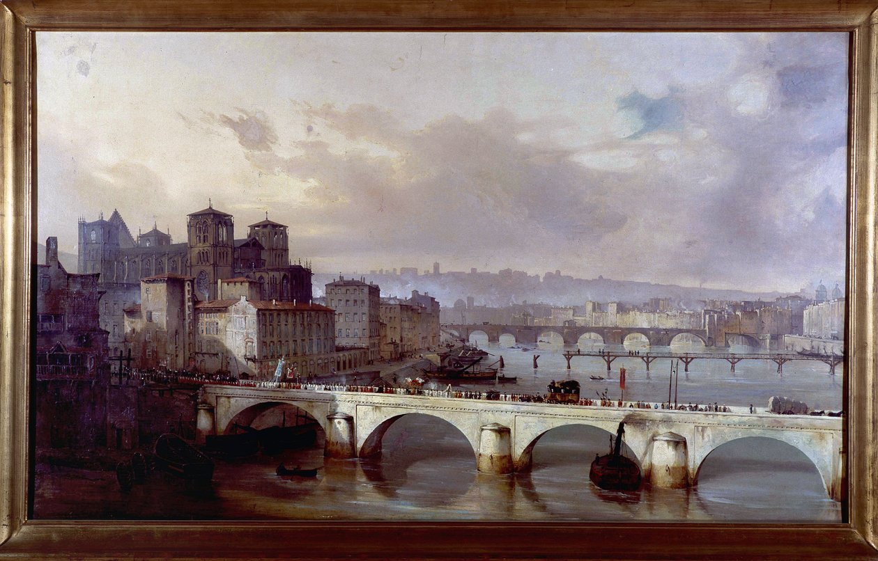 Procession som passerar på bron till ärkebiskopsrådet i Lyon - målning av Hyppolyte Leymarie, cirka 1835-1840, Gadagne-museet i Lyon. av Hippolyte Leymarie