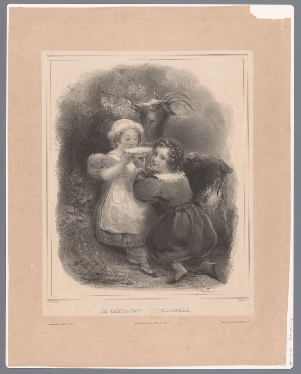 Två barn med en get dricker getmjölk La Campagne / Country (titel på objekt) av Hippolyte Louis Garnier