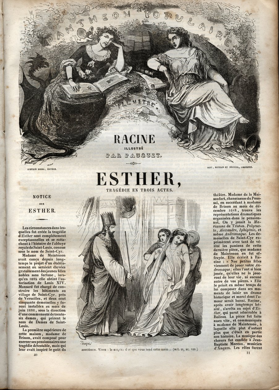 Illustration för "Esther" av Jean Racine - gravyr i "" Works of Jean Racine"" illustrerad av Pauquet och notis av Emile de La Bedolliere - 1851 av Hippolyte Louis Pauquet