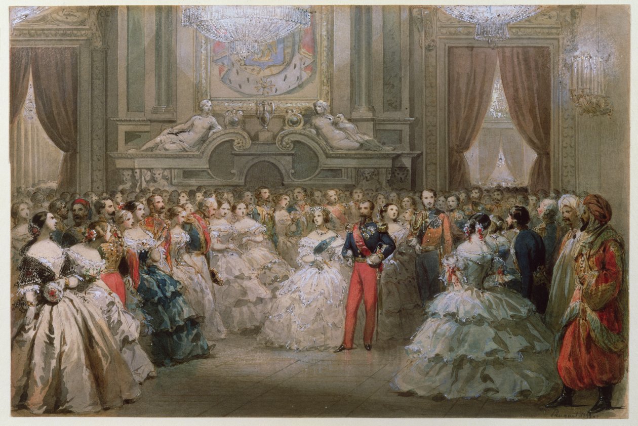 Drottning Victoria (1819-1901) och prins Albert (1819-61) vid en galamiddag anordnad av Napoleon III och Eugenie, 1853 (wc på papper) av Hippolyte Louis Pauquet