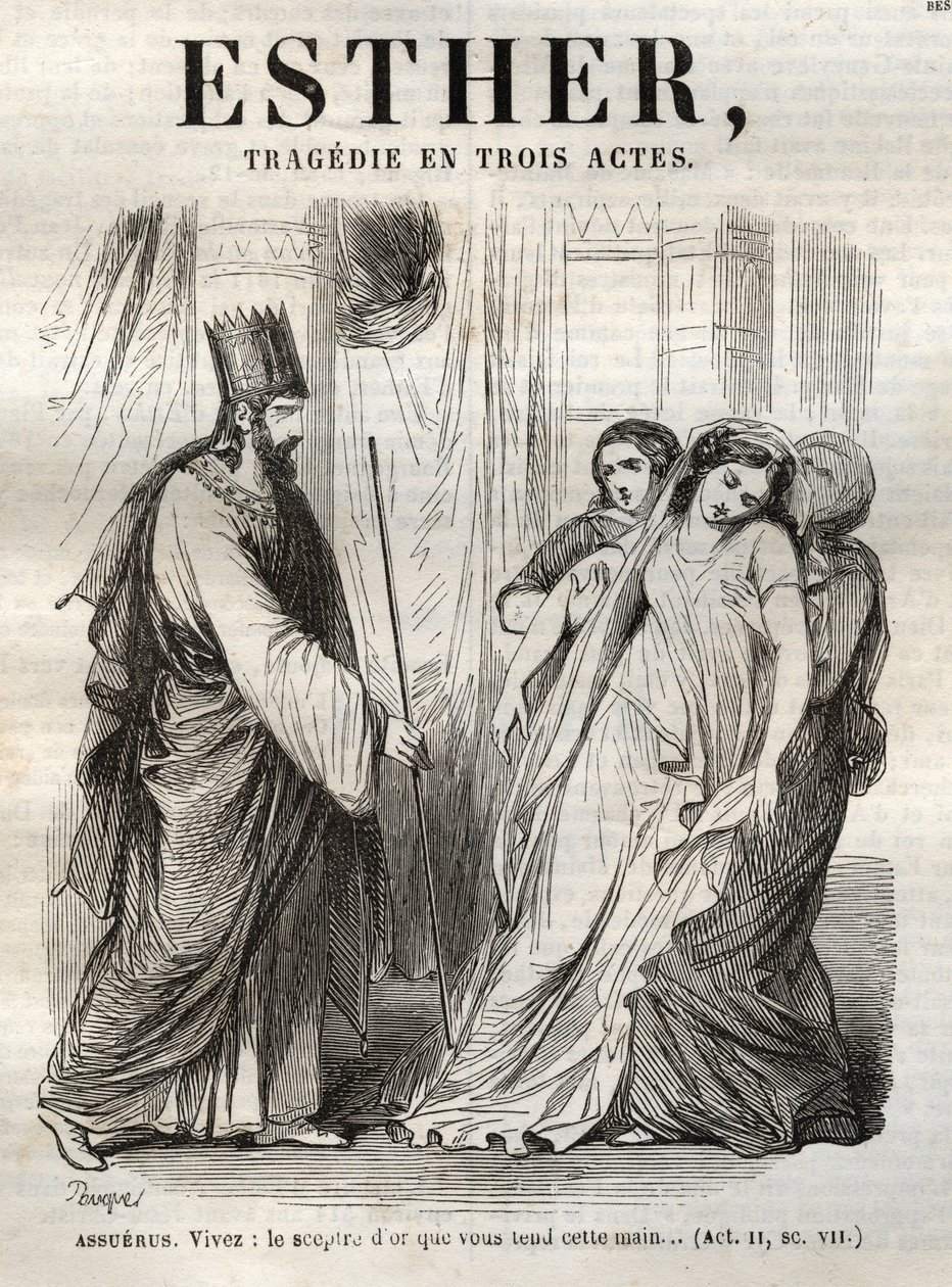 Scen från Esther, tragedi av Jean Racine (1639Ð1699) - gravyr i "" Verk av Jean Racine"" illustrerad av Pauquet och notis av Emile de La Bedolliere - 1851 av Hippolyte Louis Pauquet
