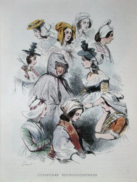 Huvudbonader av burgundiska bönder, från boken "Les Francais peints par lui-mes" av Hippolyte Louis and Polydore Pauquet