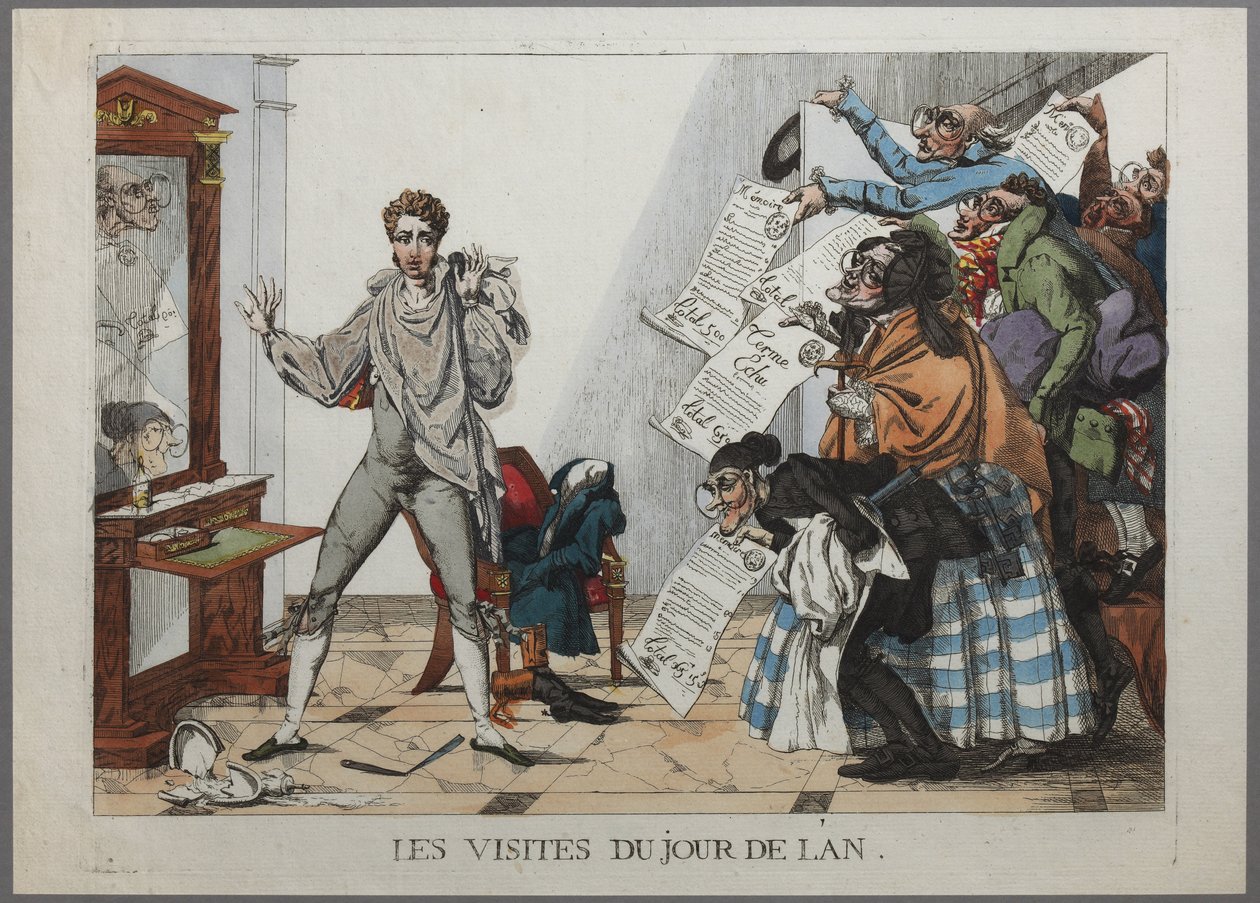 Nyårsbesöken - (En skara fordringsägare passerar dörren till en ung mans lägenhet och viftar med sedlar för föregående års extravaganser. December 1814 Handfärgad gravyr) - Besökarna på nyårsdagen pa av Hippolyte Pochon