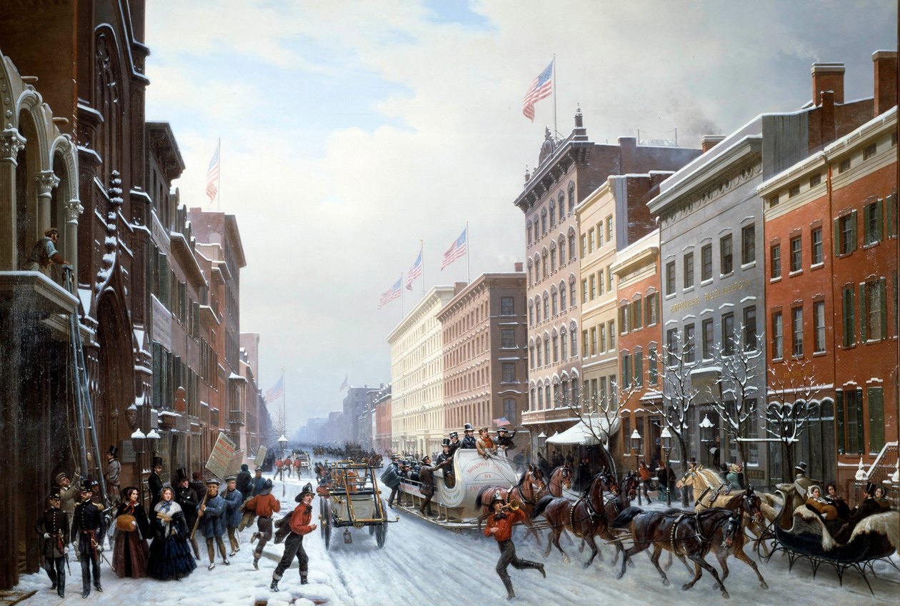 En gata från Manhattan till New York 1840 Målning av Hippolyte Victor Valentin Sebron (1801-1879) 1840 Sön. 2,25 X 3,30 m Blerancourt. Musee Franco American - Street på Manhattan, New York av Hippolyte Victor Valentin Sebron