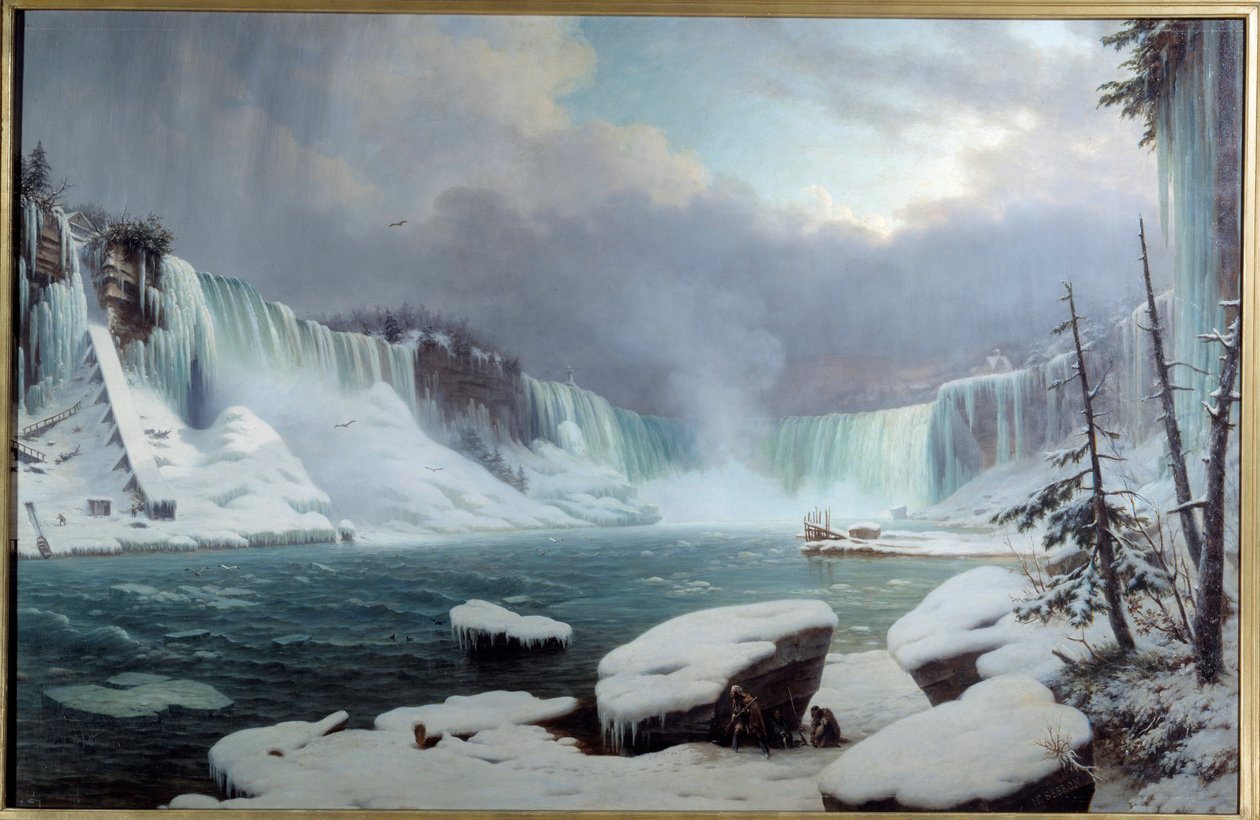 Den stora Niagara-starr, vintereffekt. Utsikt över Niagarafallen. Målning av Hippolyte Victor Valentin Sebron (1801-1879) av Hippolyte Victor Valentin Sebron