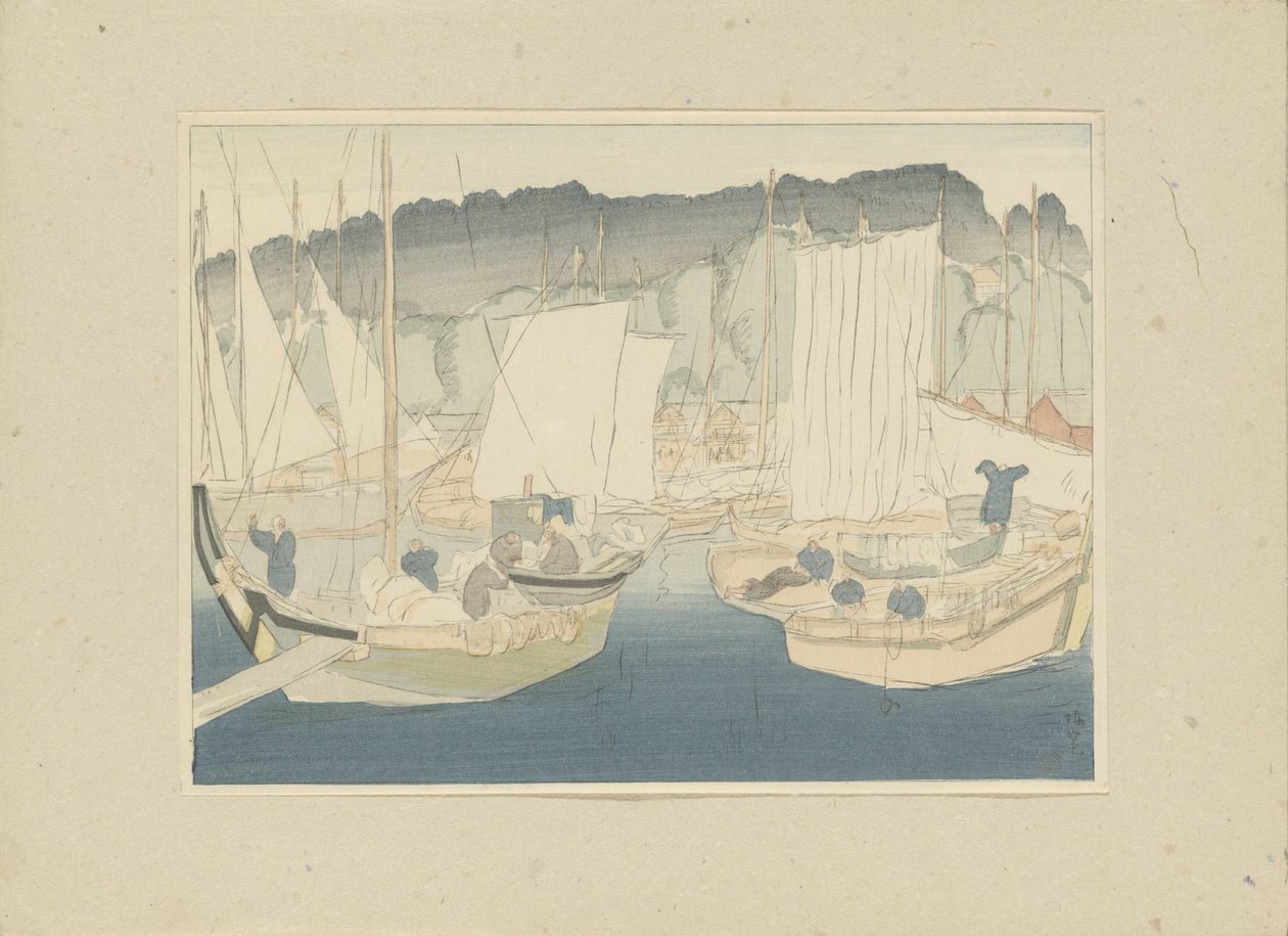 Båtar i hamnen i Shiogama Shiogama (titel på objekt) Del tre, Tôhoku-området (serietitel) Dai sanshû, Tôhoku no bu (serietitel på objekt) Tryck av japanska landskap (serietitel) Nihon fukei hanga (serietitel på objekt) av Hirafuku Hyakusui