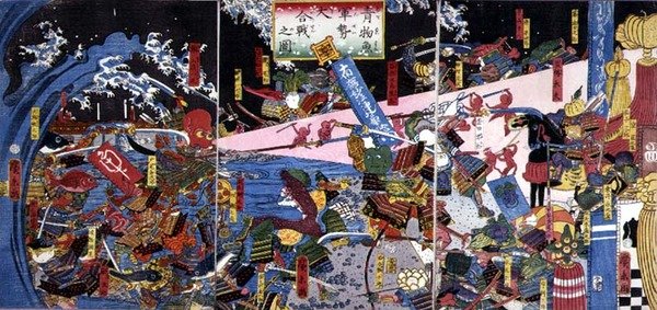Parodi på en stridsscen, som skildrar slaget mellan grönsaker och fisk av Hirokage Utagawa