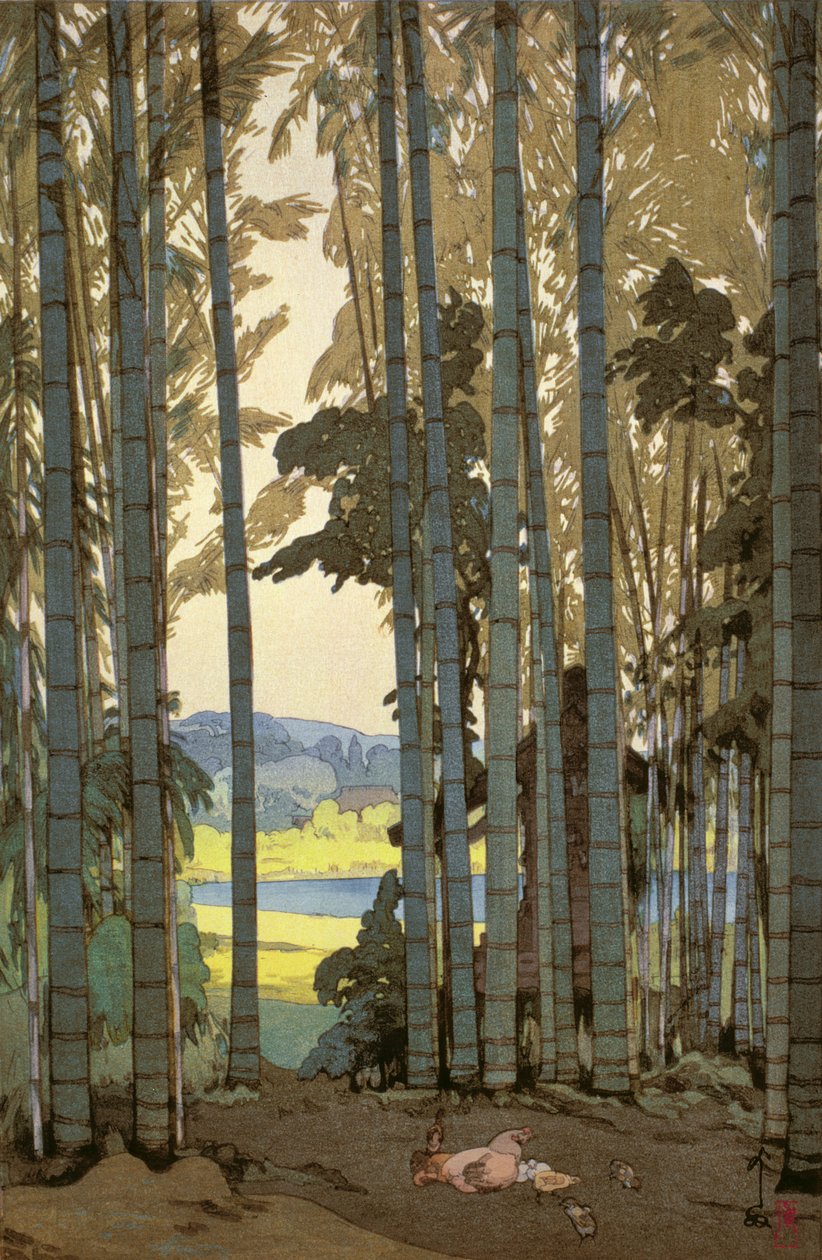 Höns i bambuträ (träblock i färg) av Hiroshi Yoshida