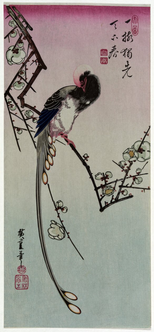 Plommon och långsvansad fågel av Utagawa Hiroshige