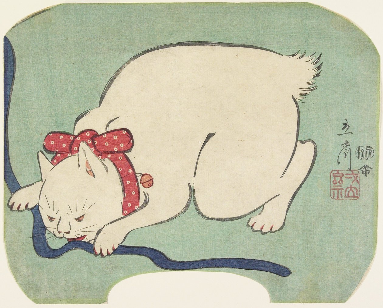 En vit katt som leker med ett snöre, 1863 av Hiroshige II