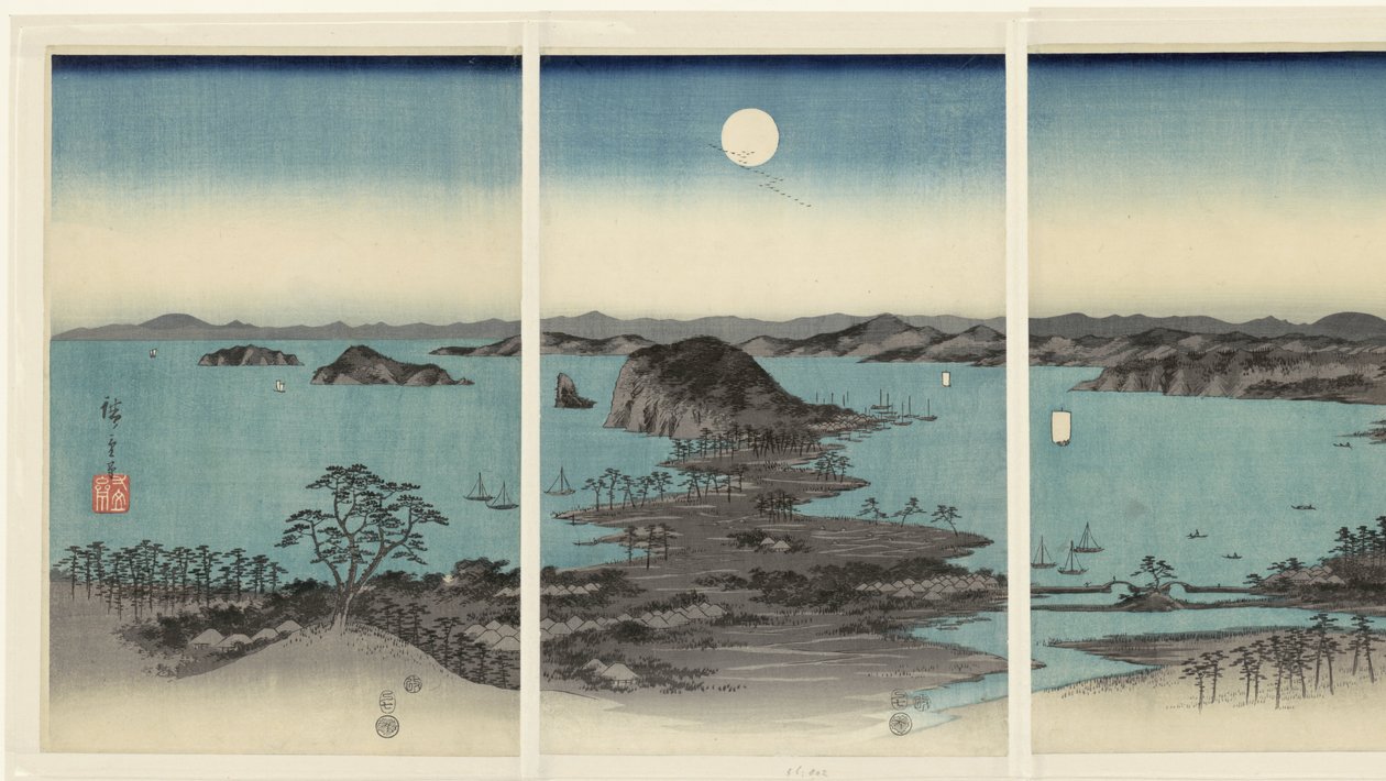 Kvällspanorama av de åtta vyerna av Kanazawa i Musashi provinsen Buyo Kanazawa hassho yakei (titel på objekt) Snow, Moon and Flowers (serietitel) Setsugekka (serietitel) av Hiroshige (I) , Utagawa