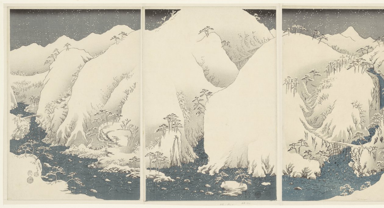 Berg och floder längs Kiso-rutten Kisoji no yamakawa (titel på objekt) Snow, Moon and Flowers (serietitel) Setsugekka (serietitel) av Hiroshige (I) , Utagawa