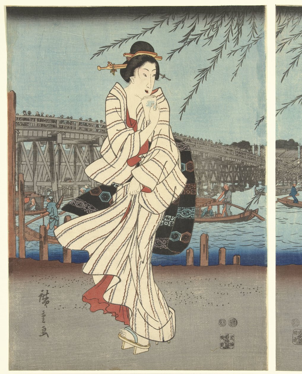 Kända platser i den östra huvudstaden: Njut av en kvällsbris vid Ryogoku-bron av Hiroshige (I) , Utagawa